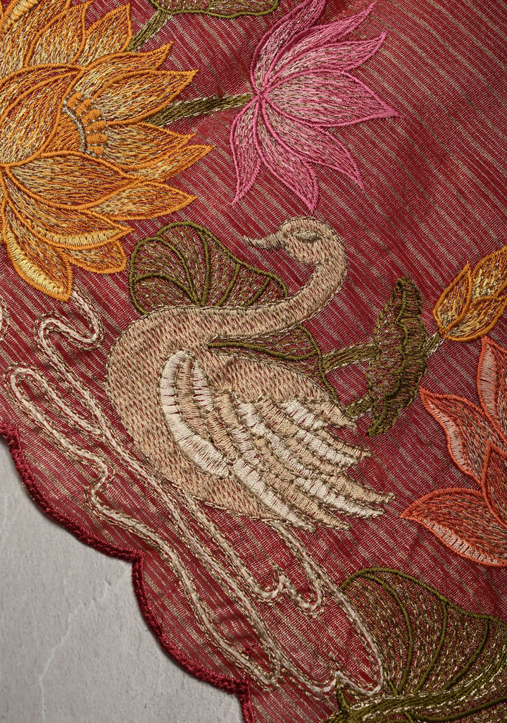 Rose Pink Vegan Viscose Tissue Stripes Saree with Lotus and Swan Embroidery Scallop Border