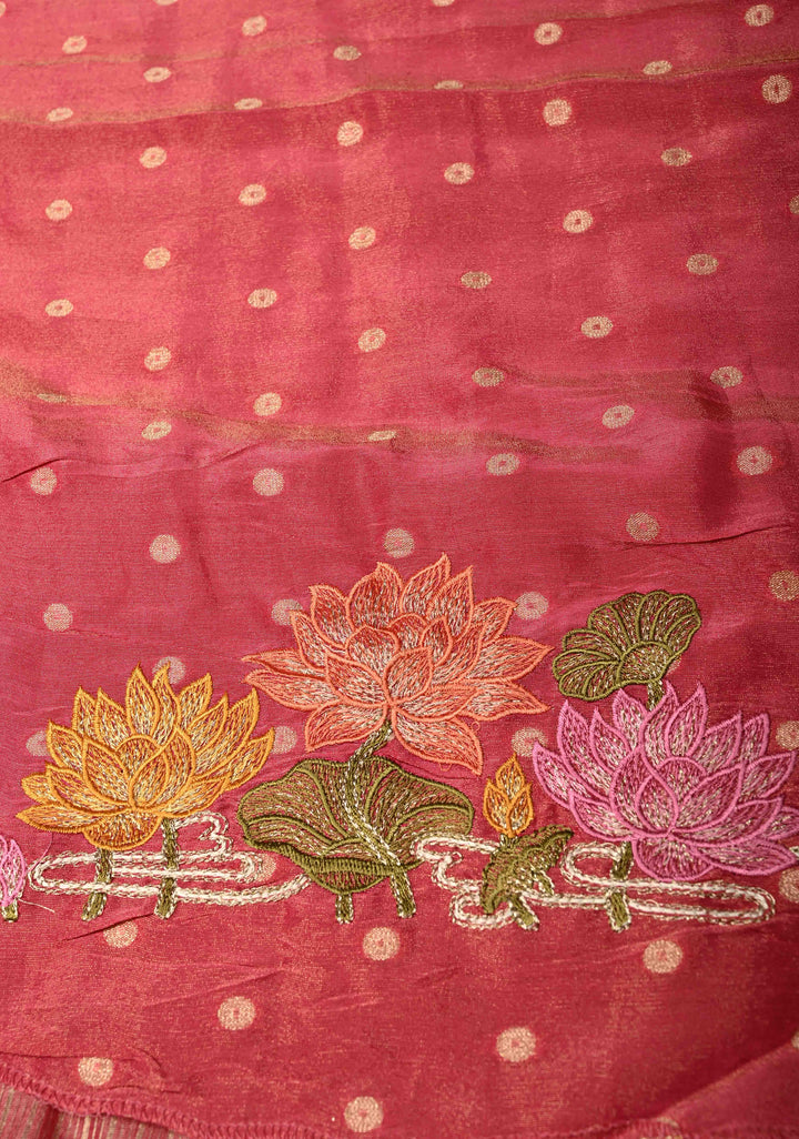 Rose Pink Vegan Viscose Tissue Stripes Saree with Lotus and Swan Embroidery Scallop Border