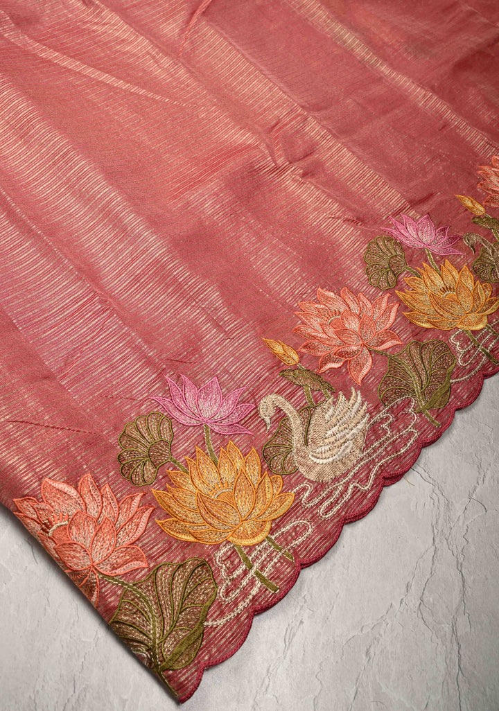 Rose Pink Vegan Viscose Tissue Stripes Saree with Lotus and Swan Embroidery Scallop Border