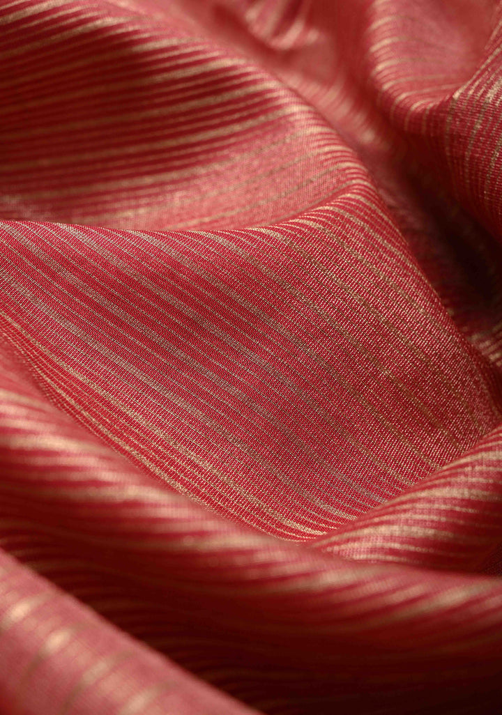 Rose Pink Vegan Viscose Tissue Stripes Saree with Lotus and Swan Embroidery Scallop Border