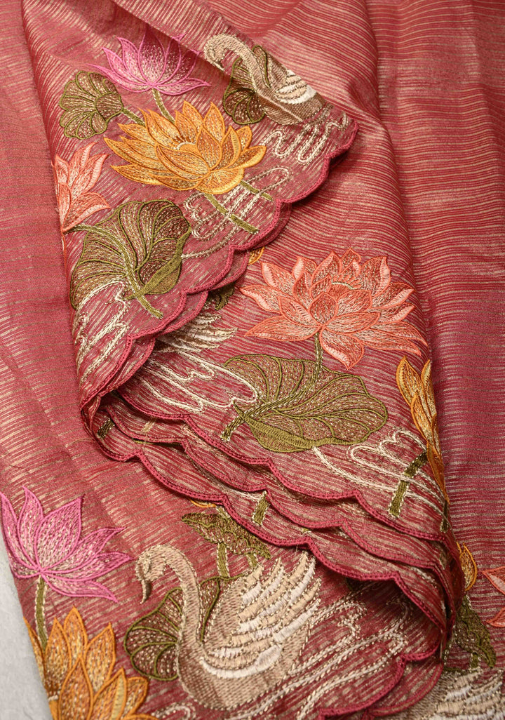 Rose Pink Vegan Viscose Tissue Stripes Saree with Lotus and Swan Embroidery Scallop Border