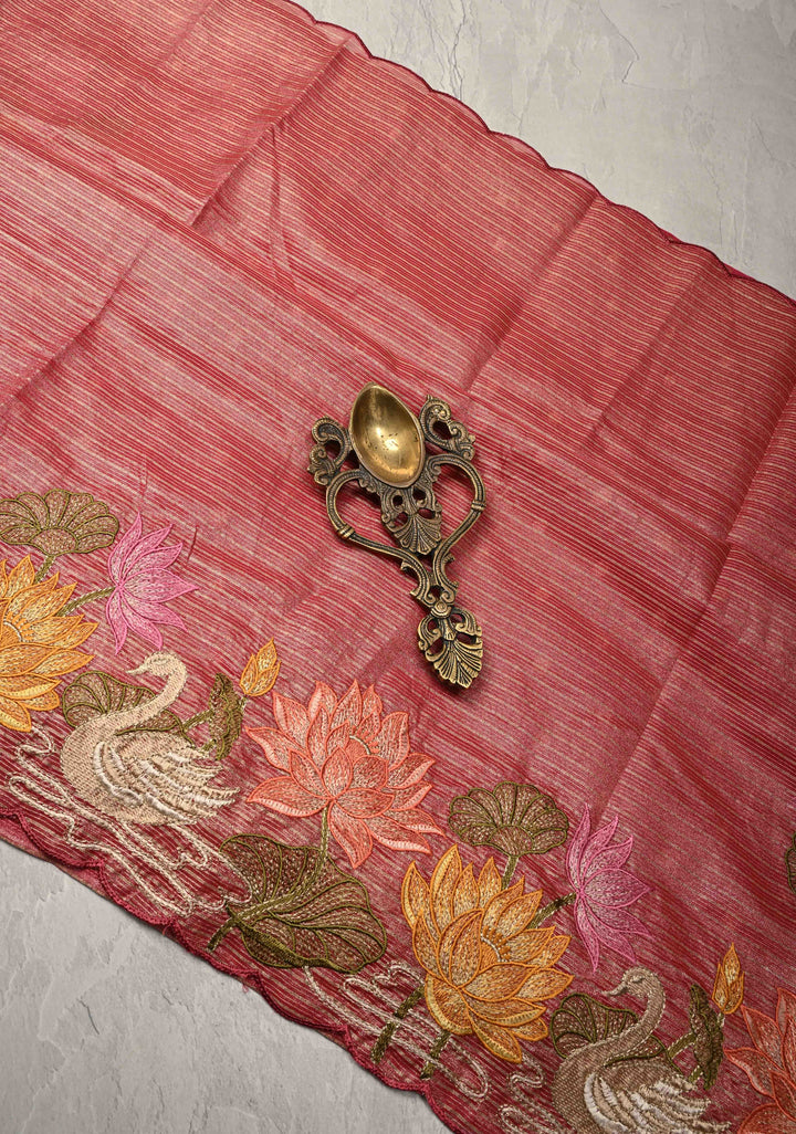 Rose Pink Vegan Viscose Tissue Stripes Saree with Lotus and Swan Embroidery Scallop Border