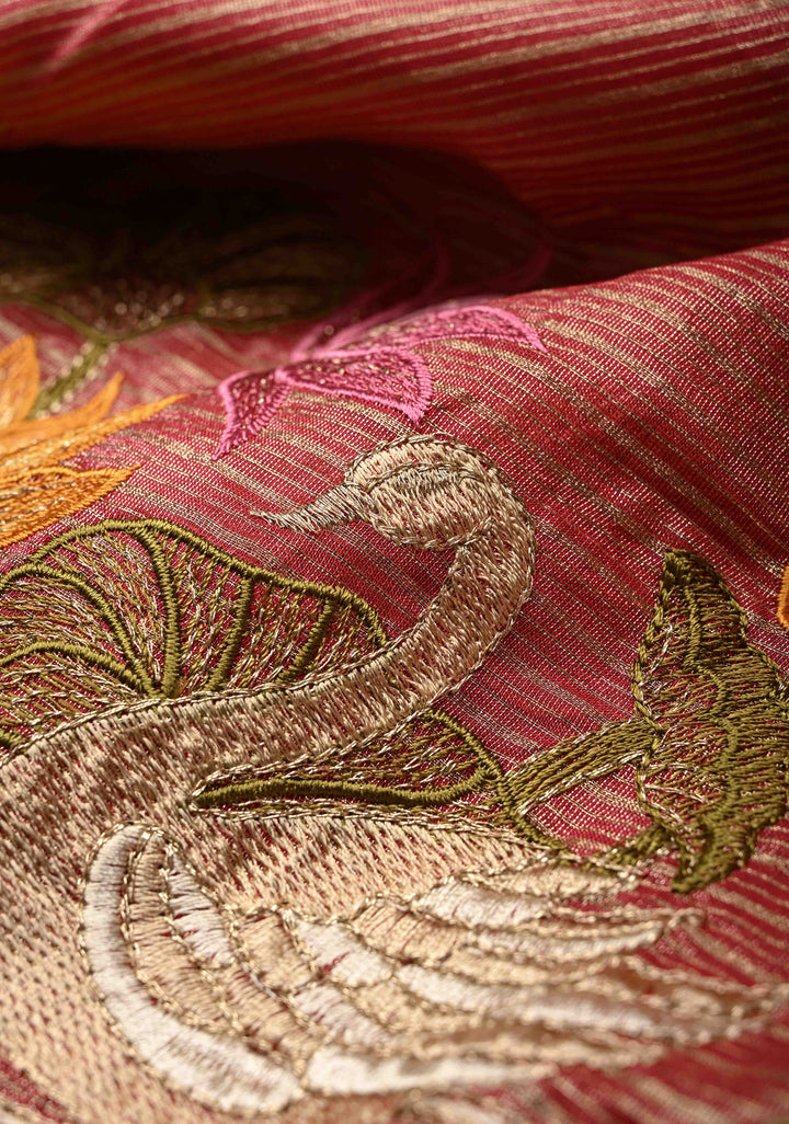 Rose Pink Vegan Viscose Tissue Stripes Saree with Lotus and Swan Embroidery Scallop Border