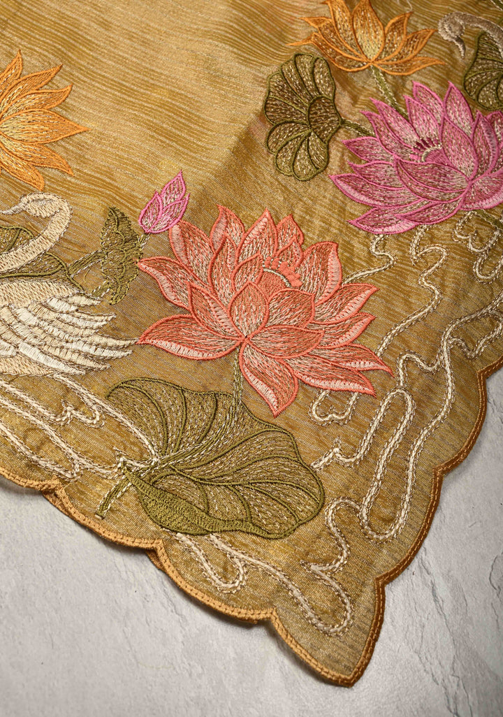 Mustard Yellow Vegan Viscose Tissue Stripes Saree with Meenakari Embroidery Scallop Border