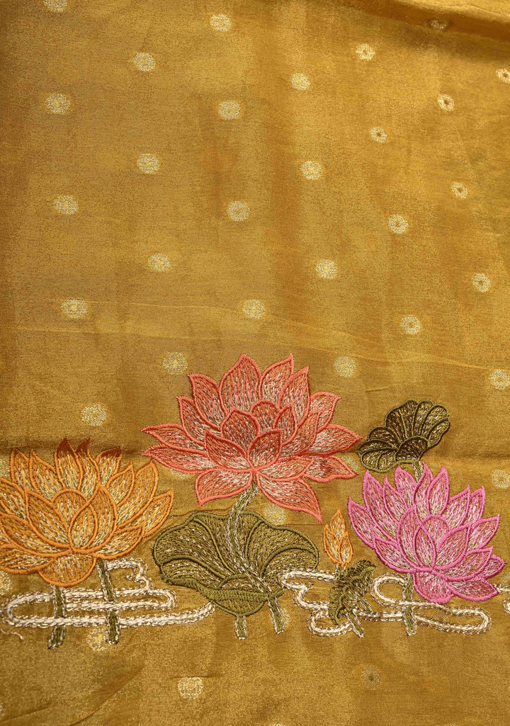 Mustard Yellow Vegan Viscose Tissue Stripes Saree with Meenakari Embroidery Scallop Border