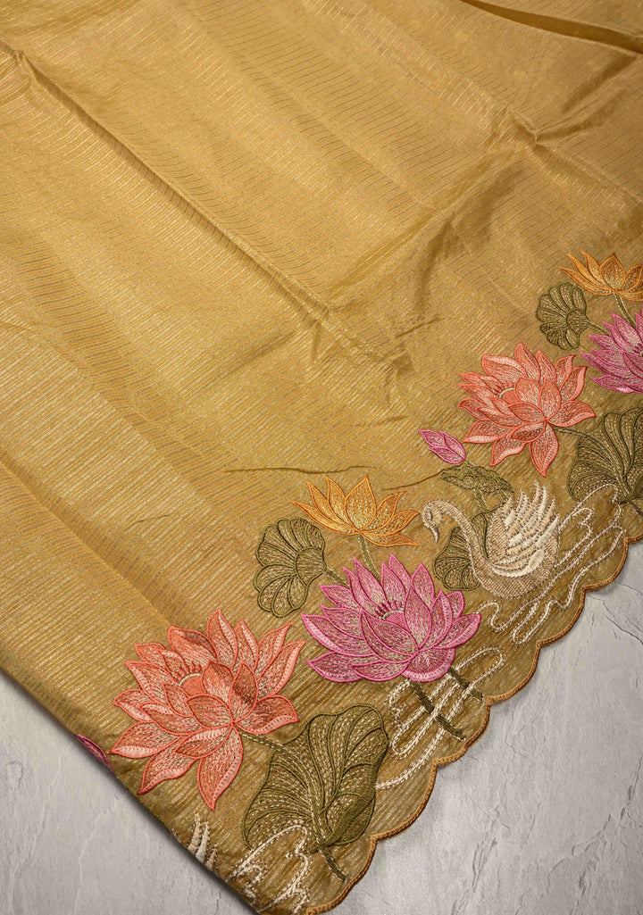 Mustard Yellow Vegan Viscose Tissue Stripes Saree with Meenakari Embroidery Scallop Border
