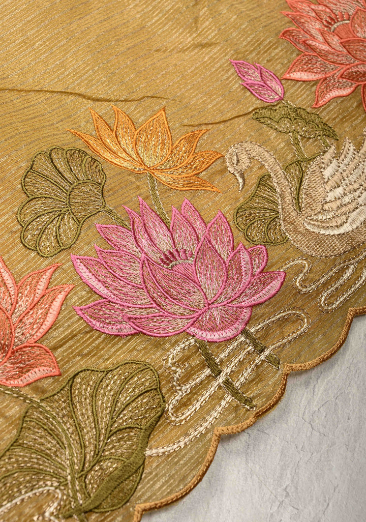 Mustard Yellow Vegan Viscose Tissue Stripes Saree with Meenakari Embroidery Scallop Border