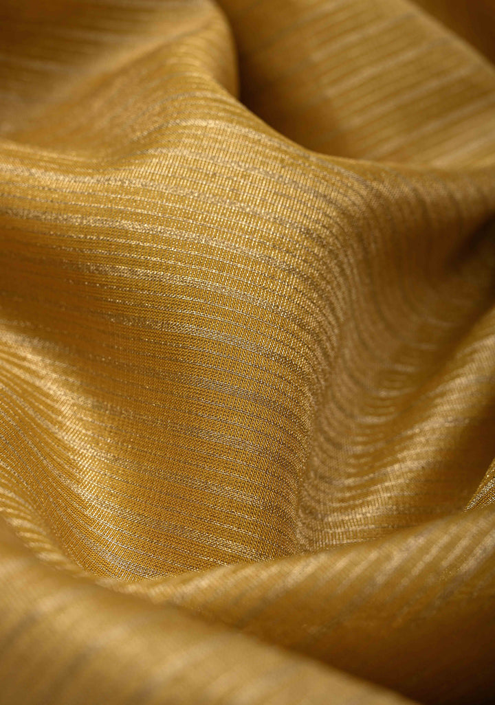 Mustard Yellow Vegan Viscose Tissue Stripes Saree with Meenakari Embroidery Scallop Border