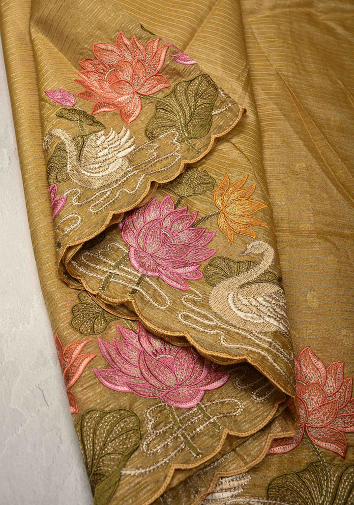 Mustard Yellow Vegan Viscose Tissue Stripes Saree with Meenakari Embroidery Scallop Border