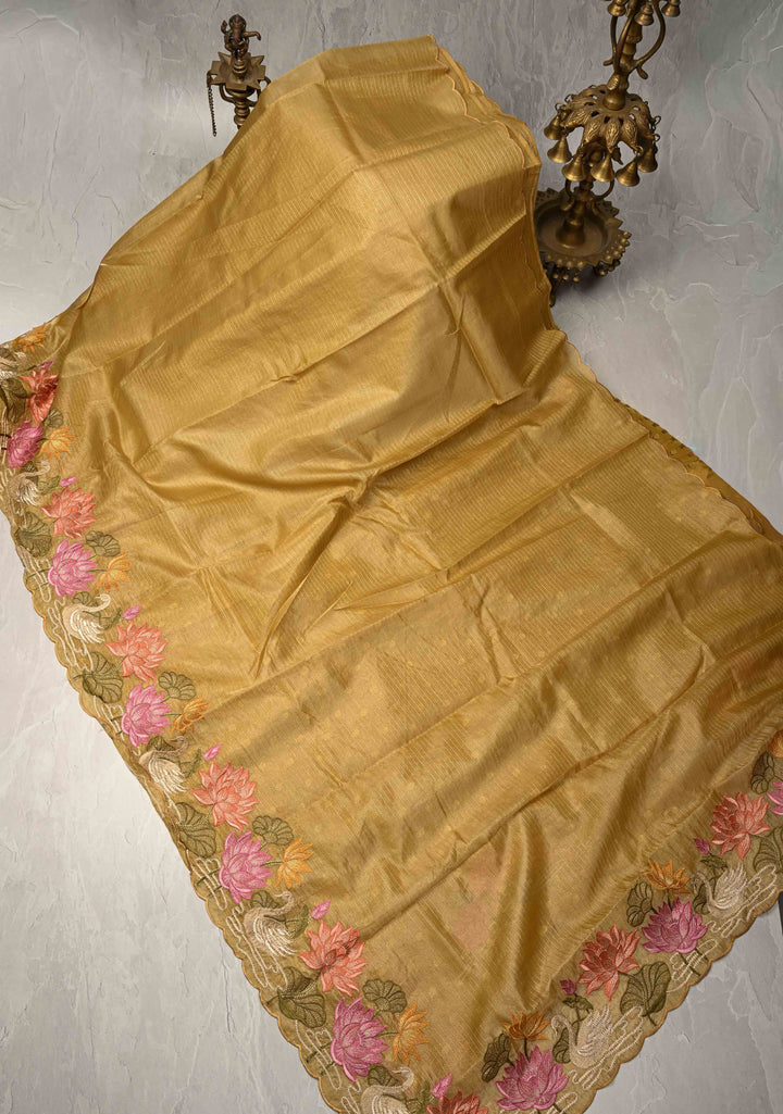 Mustard Yellow Vegan Viscose Tissue Stripes Saree with Meenakari Embroidery Scallop Border