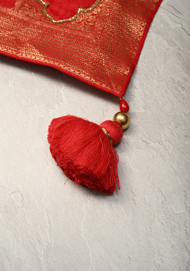 Bright Red Vegan Soft Silk Saree with Jharokha-Inspired Pattern Border