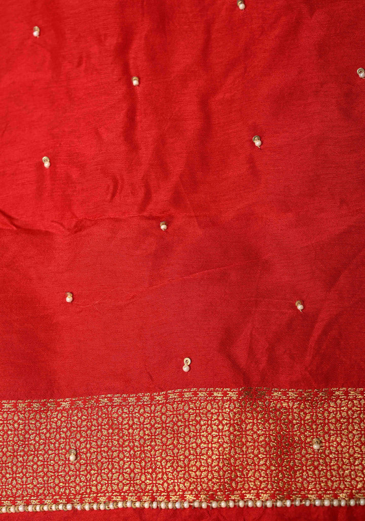 Bright Red Vegan Soft Silk Saree with Jharokha-Inspired Pattern Border