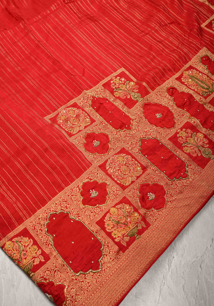 Bright Red Vegan Soft Silk Saree with Jharokha-Inspired Pattern Border