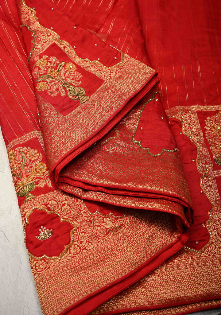Bright Red Vegan Soft Silk Saree with Jharokha-Inspired Pattern Border