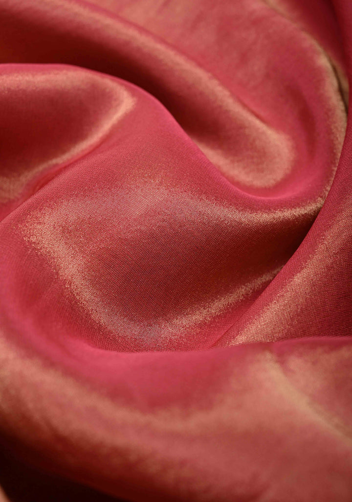 Rose Pink Vegan Organza Tissue Saree with Applique-Moti, Sequins Hand Embroidery and Scallop Border