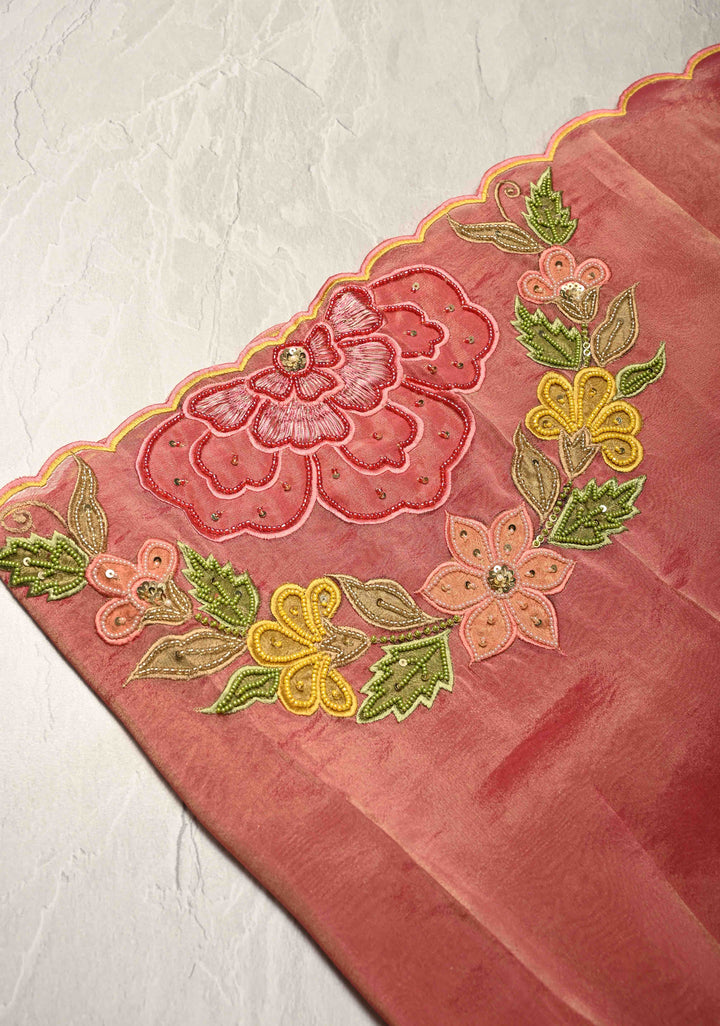 Rose Pink Vegan Organza Tissue Saree with Applique-Moti, Sequins Hand Embroidery and Scallop Border