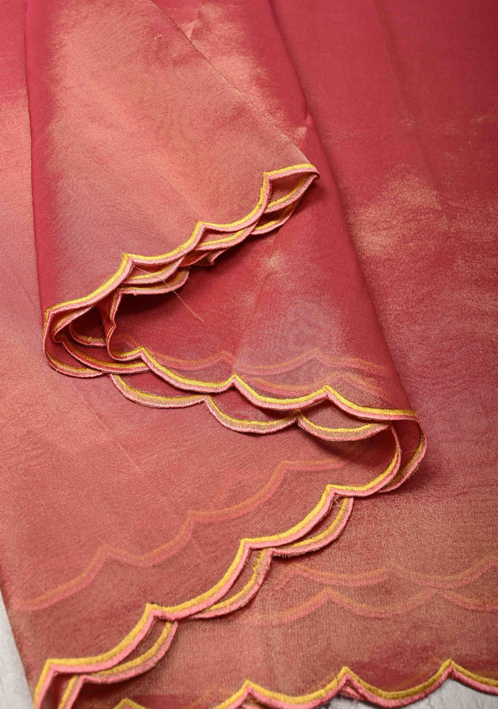 Rose Pink Vegan Organza Tissue Saree with Applique-Moti, Sequins Hand Embroidery and Scallop Border