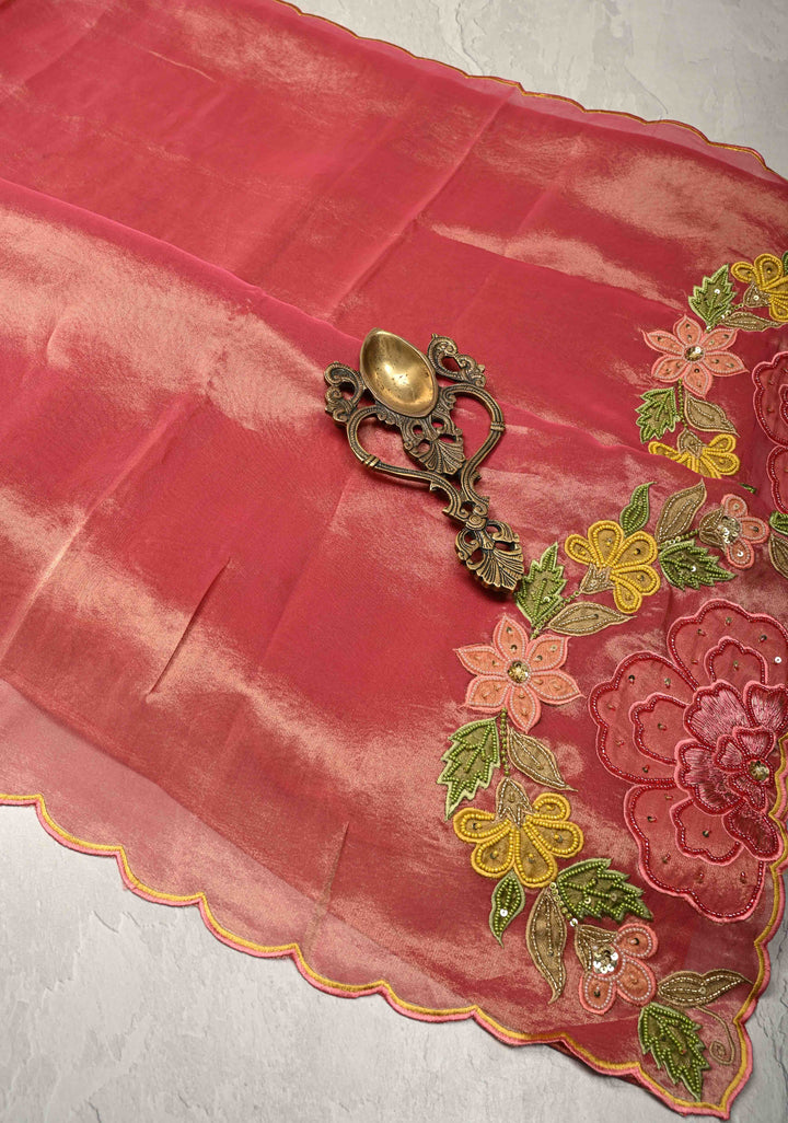 Rose Pink Vegan Organza Tissue Saree with Applique-Moti, Sequins Hand Embroidery and Scallop Border