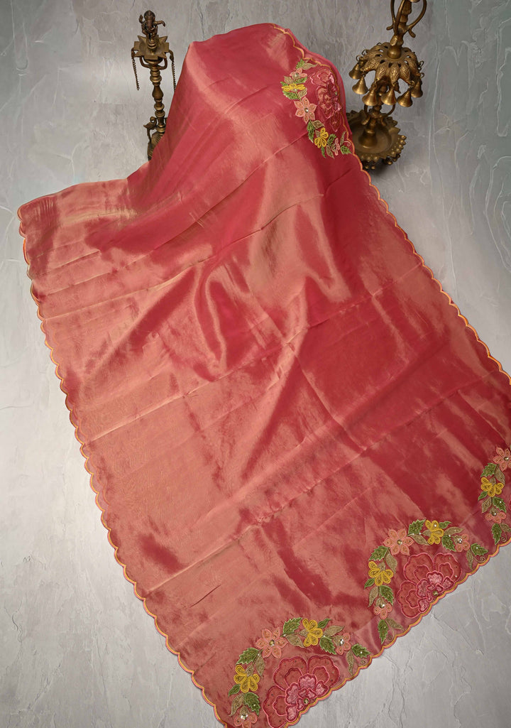 Rose Pink Vegan Organza Tissue Saree with Applique-Moti, Sequins Hand Embroidery and Scallop Border