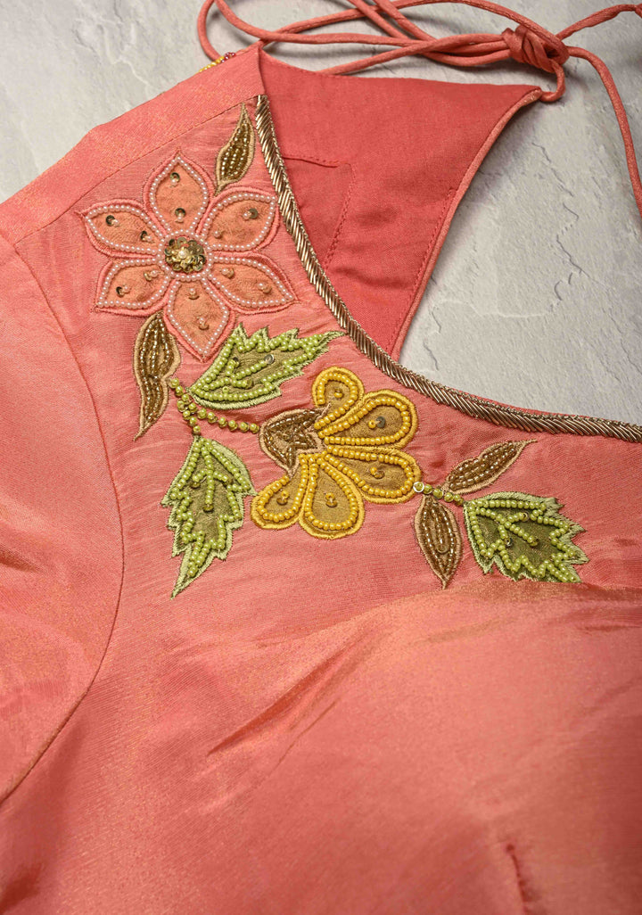 Rose Pink Vegan Organza Tissue Saree with Applique-Moti, Sequins Hand Embroidery and Scallop Border