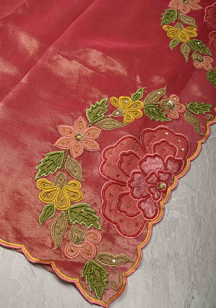 Rose Pink Vegan Organza Tissue Saree with Applique-Moti, Sequins Hand Embroidery and Scallop Border