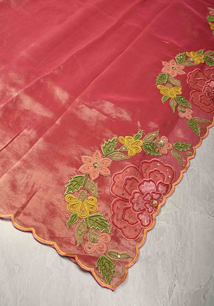 Rose Pink Vegan Organza Tissue Saree with Applique-Moti, Sequins Hand Embroidery and Scallop Border