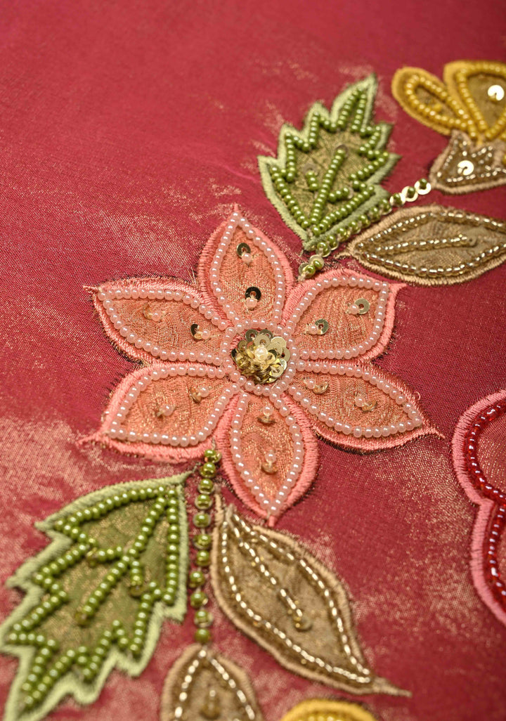 Rose Pink Vegan Organza Tissue Saree with Applique-Moti, Sequins Hand Embroidery and Scallop Border