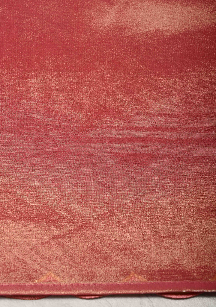 Rose Pink Vegan Organza Tissue Saree with Applique-Moti, Sequins Hand Embroidery and Scallop Border