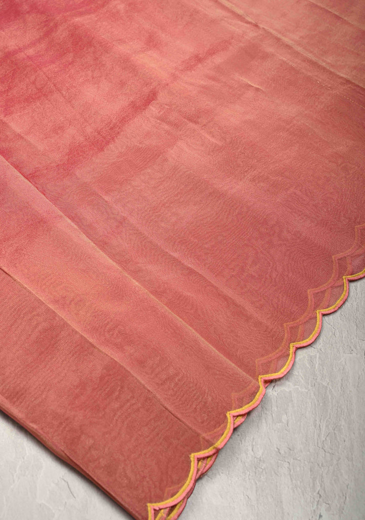 Rose Pink Vegan Organza Tissue Saree with Applique-Moti, Sequins Hand Embroidery and Scallop Border