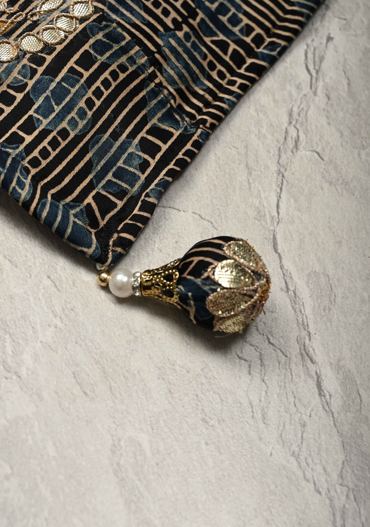 Beige Vegan Viscose Tissue Brocade Saree with Ajrakh Applique and Gota Patti work on Scallop Border