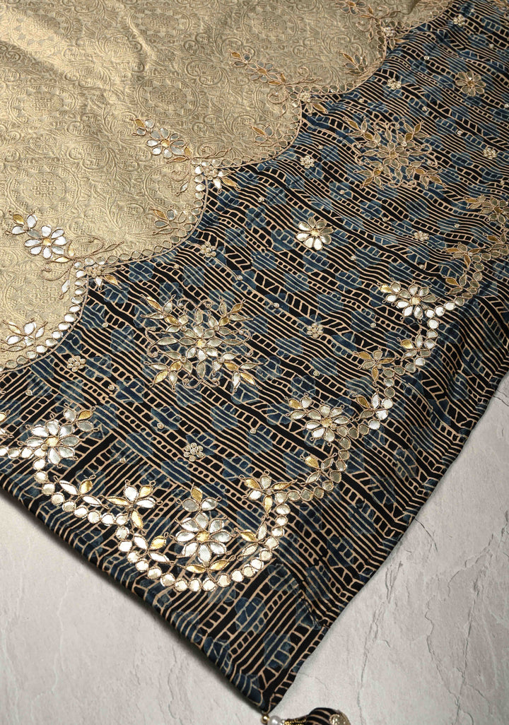 Beige Vegan Viscose Tissue Brocade Saree with Ajrakh Applique and Gota Patti work on Scallop Border