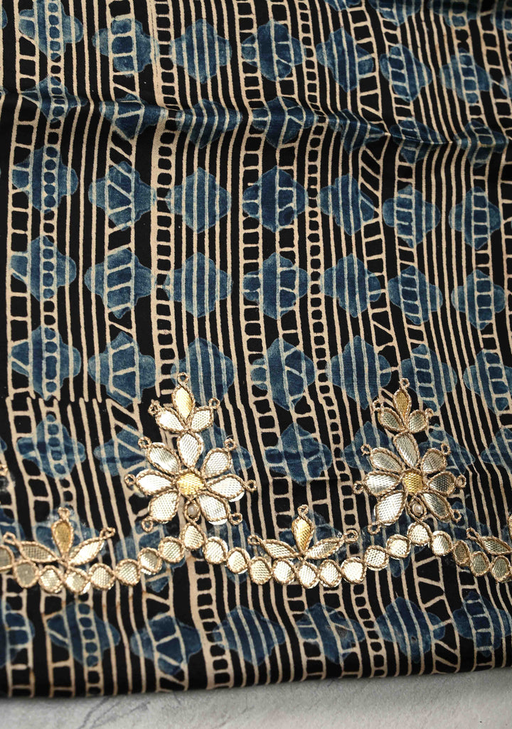 Beige Vegan Viscose Tissue Brocade Saree with Ajrakh Applique and Gota Patti work on Scallop Border