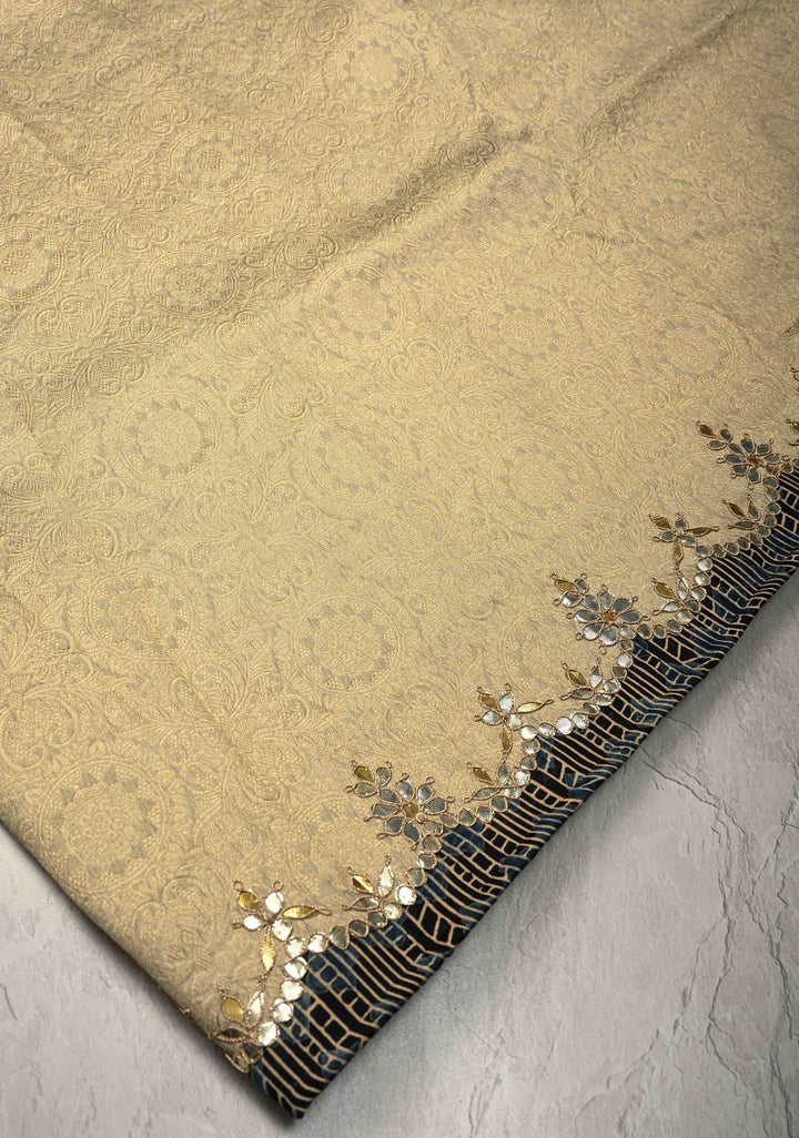 Beige Vegan Viscose Tissue Brocade Saree with Ajrakh Applique and Gota Patti work on Scallop Border