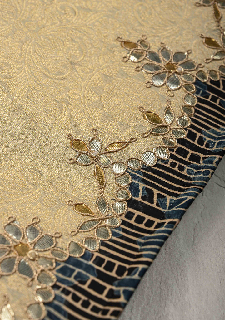 Beige Vegan Viscose Tissue Brocade Saree with Ajrakh Applique and Gota Patti work on Scallop Border