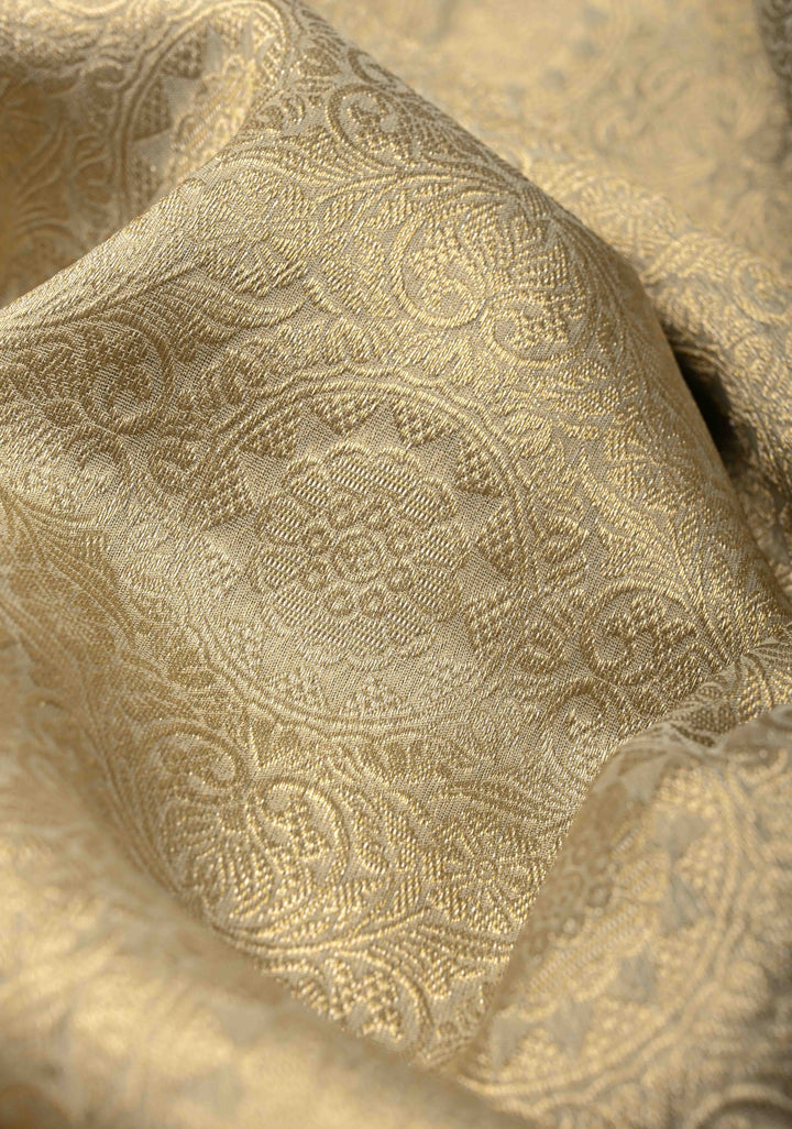 Beige Vegan Viscose Tissue Brocade Saree with Ajrakh Applique and Gota Patti work on Scallop Border