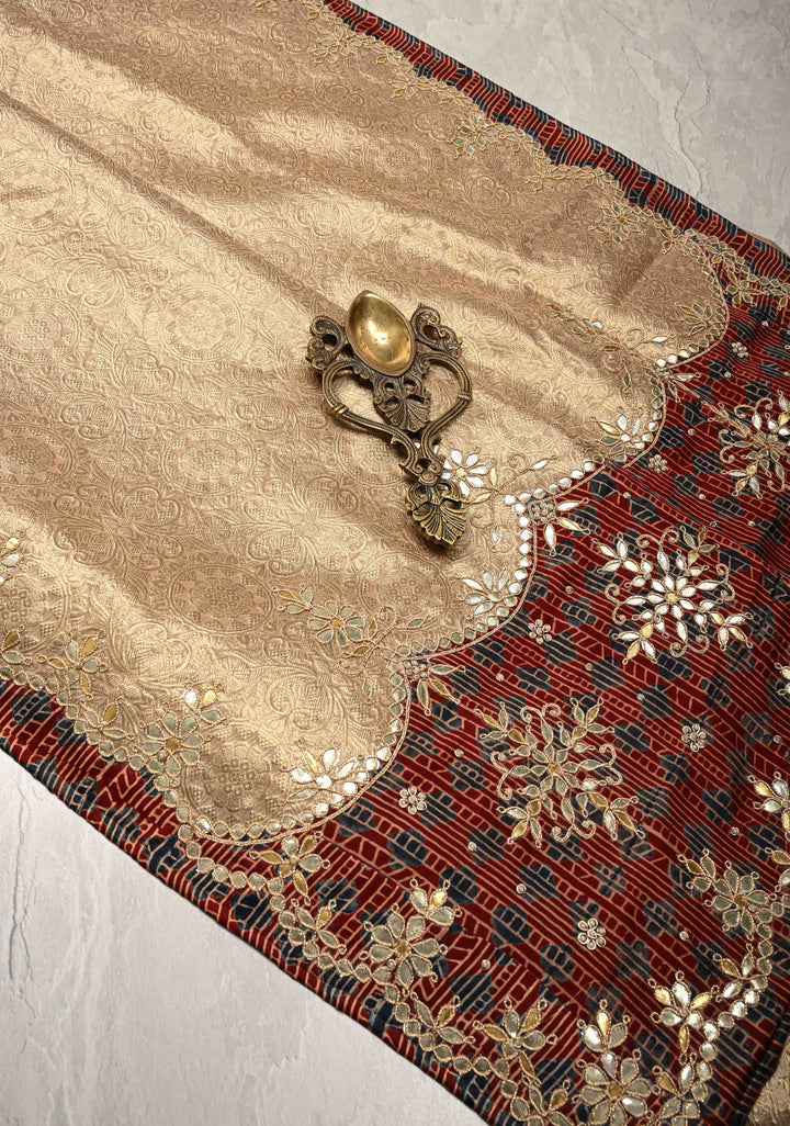 Dusty Standstone Vegan Viscose Silk Tissue Brocade Saree with Ajrakh Applique and Gota Patti work on Scallop Border