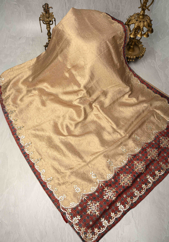 Dusty Standstone Vegan Viscose Silk Tissue Brocade Saree with Ajrakh Applique and Gota Patti work on Scallop Border
