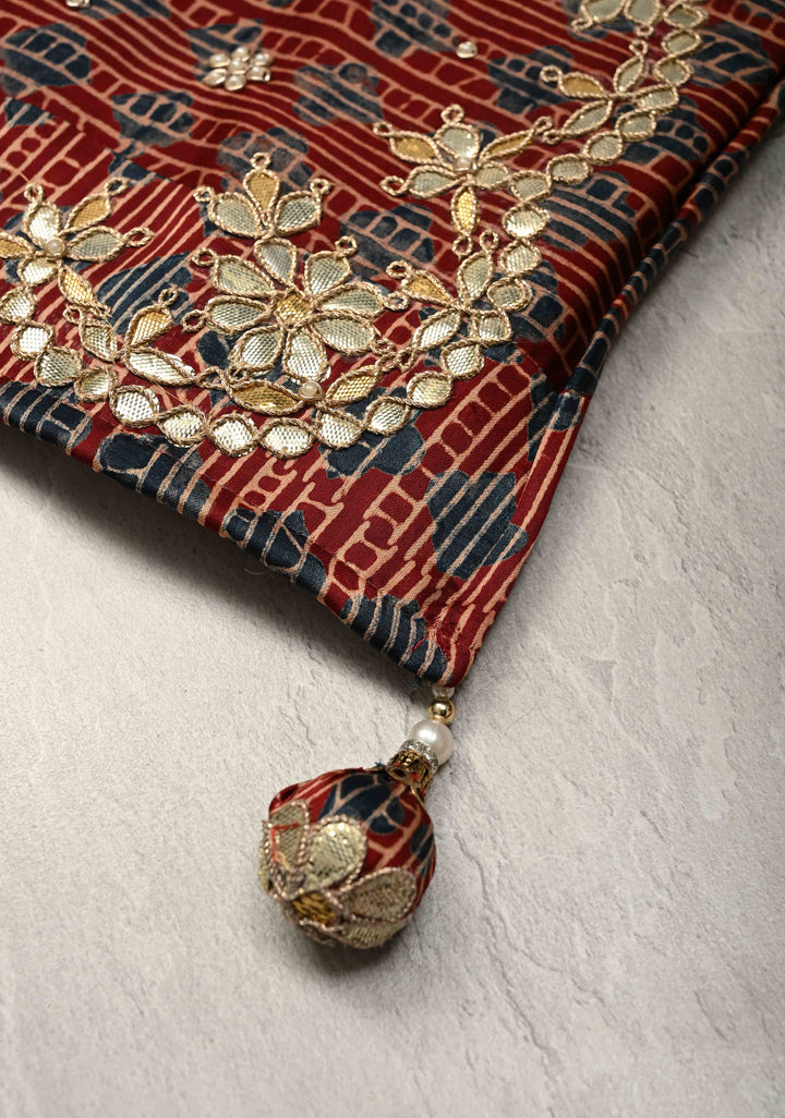 Dusty Standstone Vegan Viscose Silk Tissue Brocade Saree with Ajrakh Applique and Gota Patti work on Scallop Border