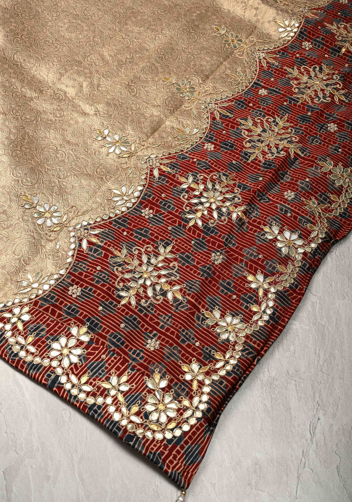 Dusty Standstone Vegan Viscose Silk Tissue Brocade Saree with Ajrakh Applique and Gota Patti work on Scallop Border