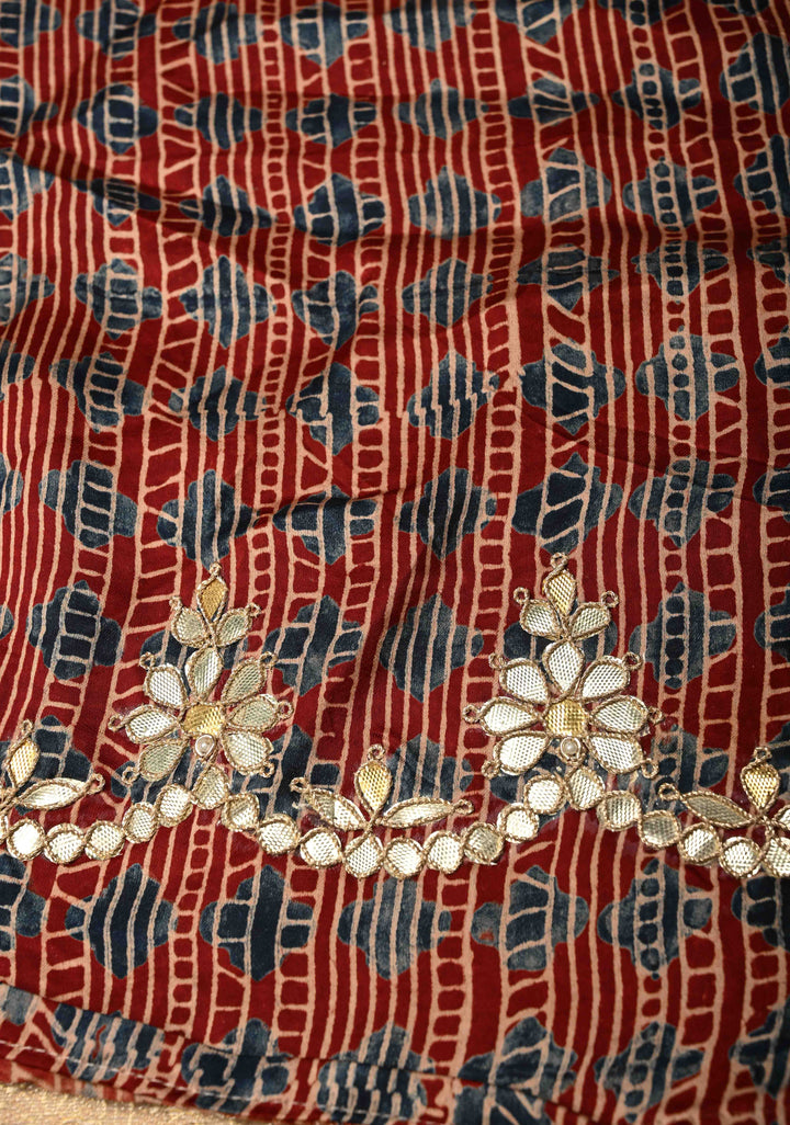 Dusty Standstone Vegan Viscose Silk Tissue Brocade Saree with Ajrakh Applique and Gota Patti work on Scallop Border