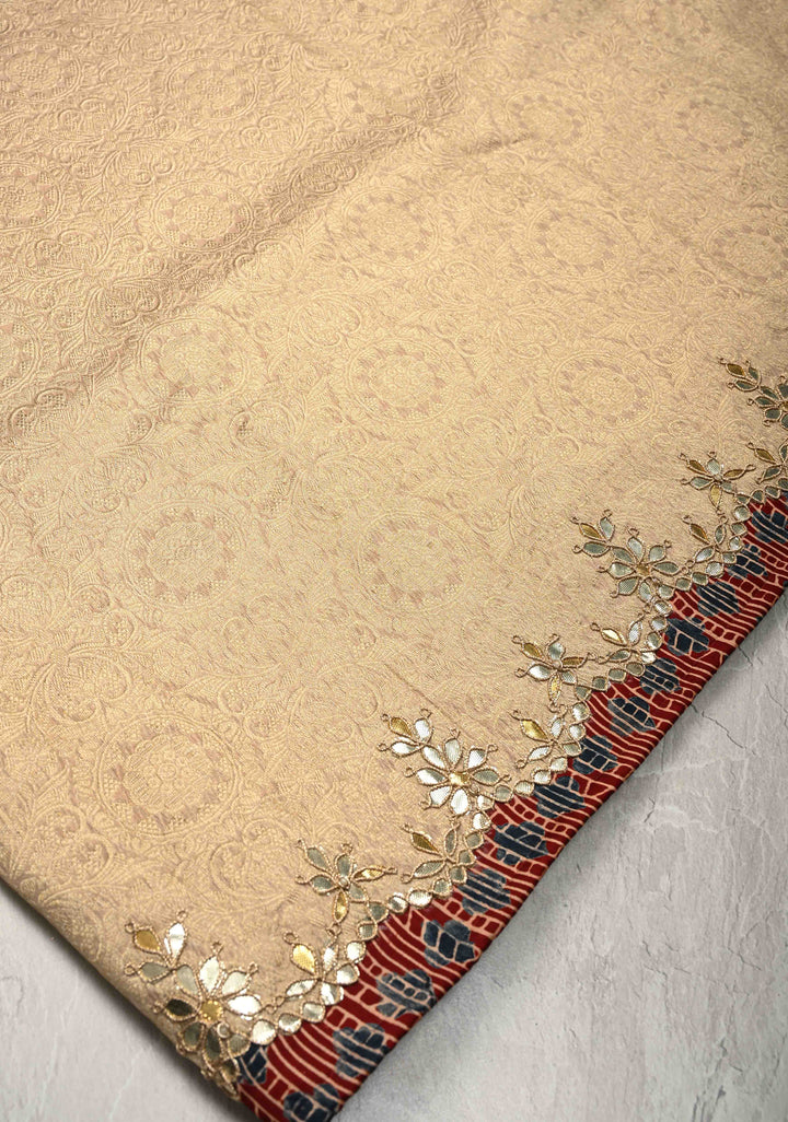 Dusty Standstone Vegan Viscose Silk Tissue Brocade Saree with Ajrakh Applique and Gota Patti work on Scallop Border