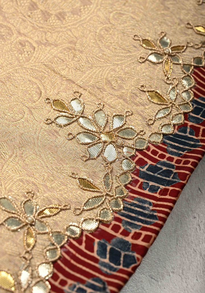 Dusty Standstone Vegan Viscose Silk Tissue Brocade Saree with Ajrakh Applique and Gota Patti work on Scallop Border
