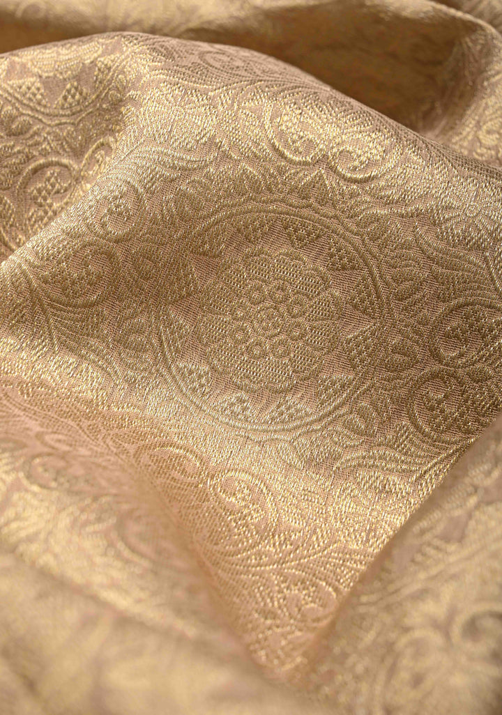 Dusty Standstone Vegan Viscose Silk Tissue Brocade Saree with Ajrakh Applique and Gota Patti work on Scallop Border