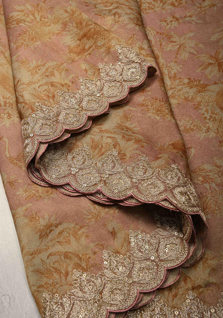 Dusty Rose Vegan Viscose Tissue Saree with Printed Toile Pattern and Cord Pitta Embroidery Scallop Border