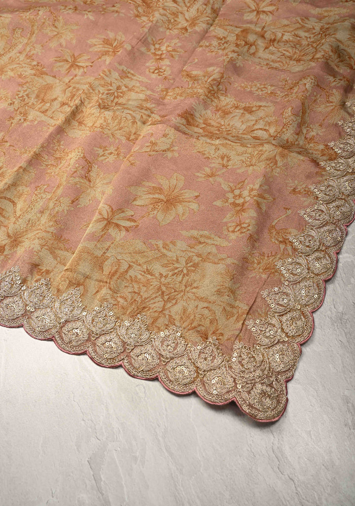 Dusty Rose Vegan Viscose Tissue Saree with Printed Toile Pattern and Cord Pitta Embroidery Scallop Border