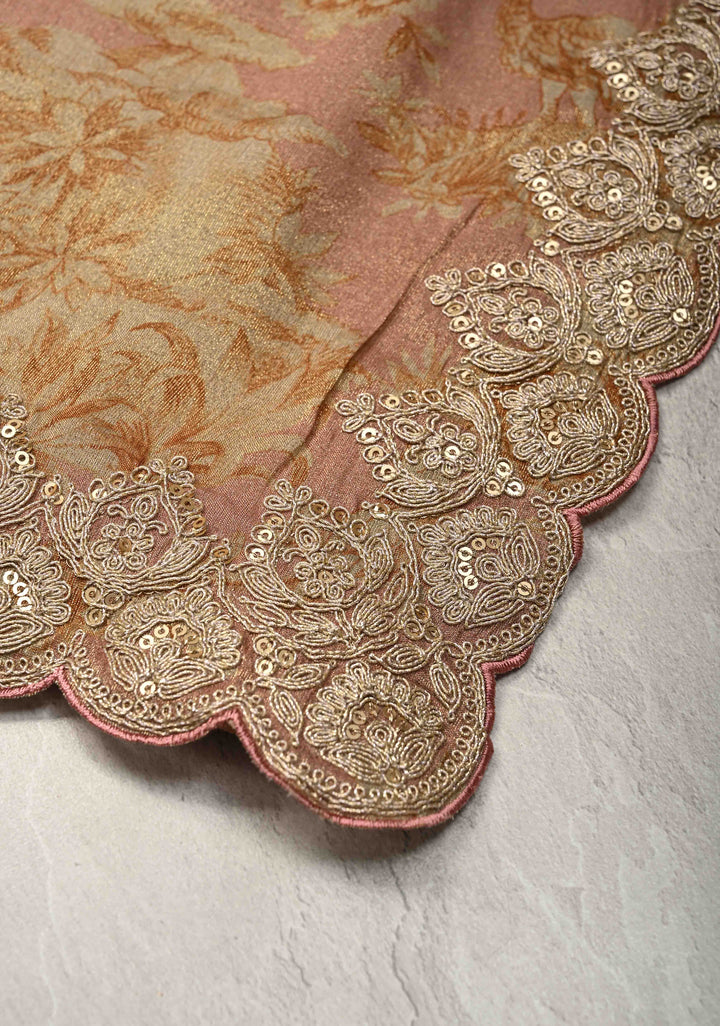 Dusty Rose Vegan Viscose Tissue Saree with Printed Toile Pattern and Cord Pitta Embroidery Scallop Border