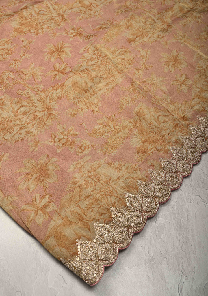 Dusty Rose Vegan Viscose Tissue Saree with Printed Toile Pattern and Cord Pitta Embroidery Scallop Border