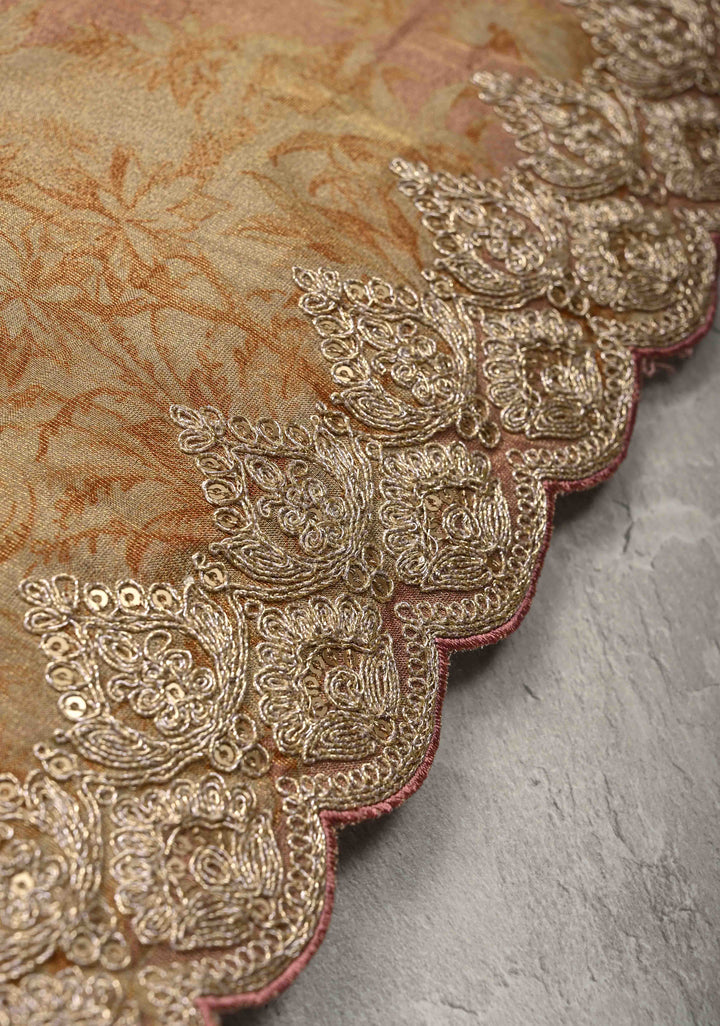 Dusty Rose Vegan Viscose Tissue Saree with Printed Toile Pattern and Cord Pitta Embroidery Scallop Border