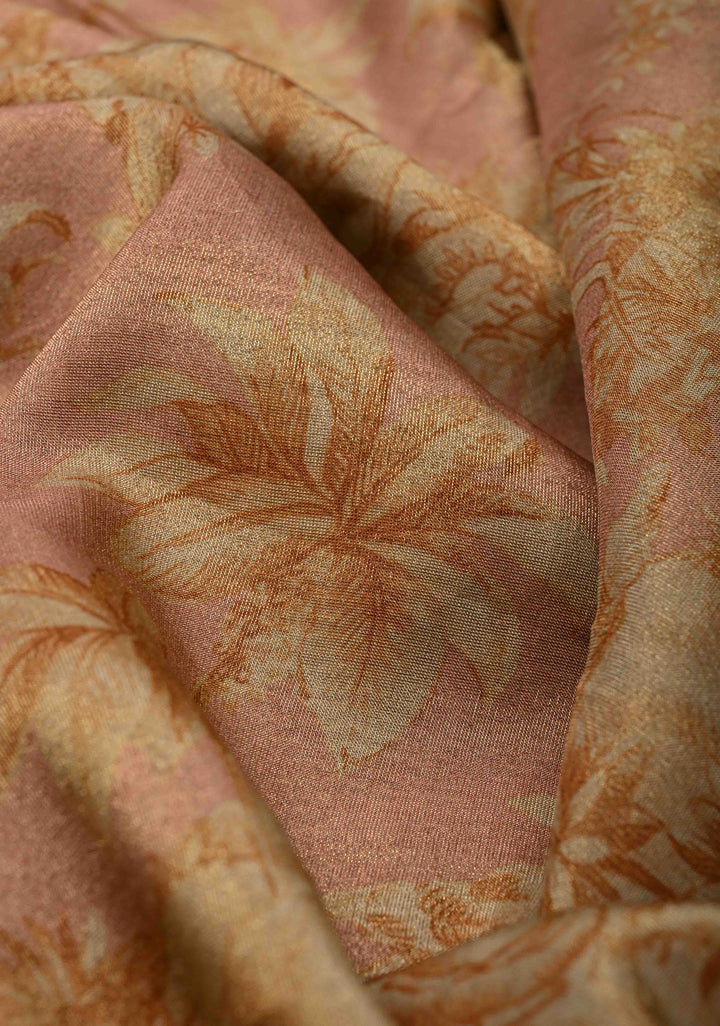 Dusty Rose Vegan Viscose Tissue Saree with Printed Toile Pattern and Cord Pitta Embroidery Scallop Border
