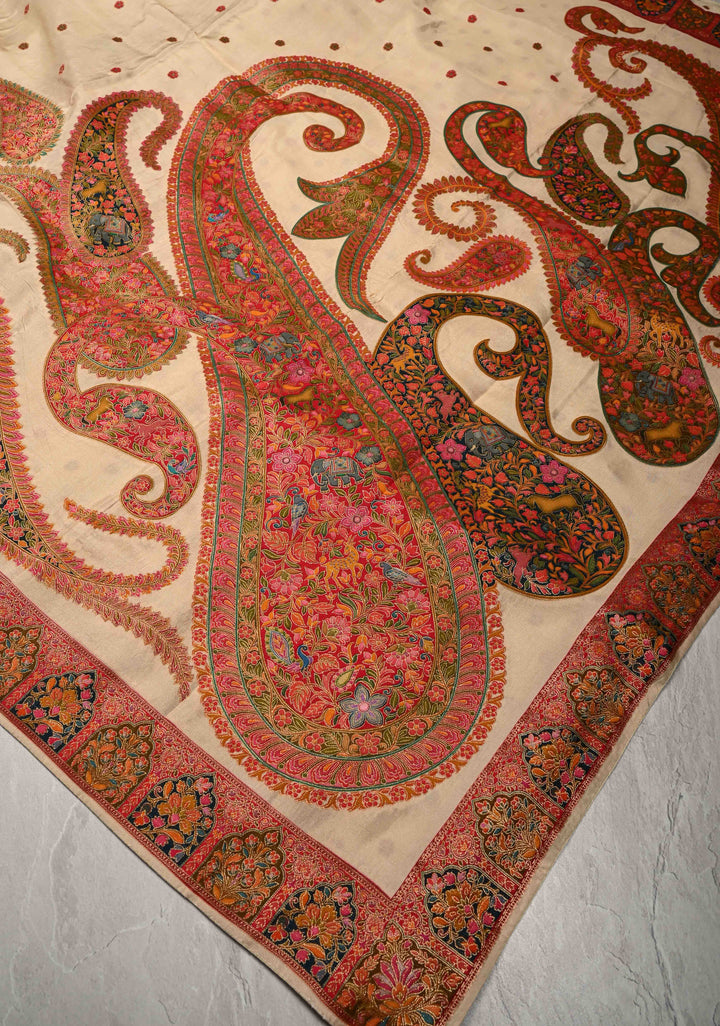 Cream Vegan Viscose Silk Saree with Meenakari Kashmiri Style Kani Design and Border